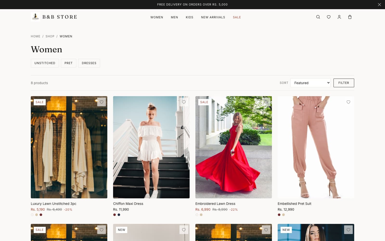 The women's collection page of B&B Store, a grid of product cards with prices in rupees.