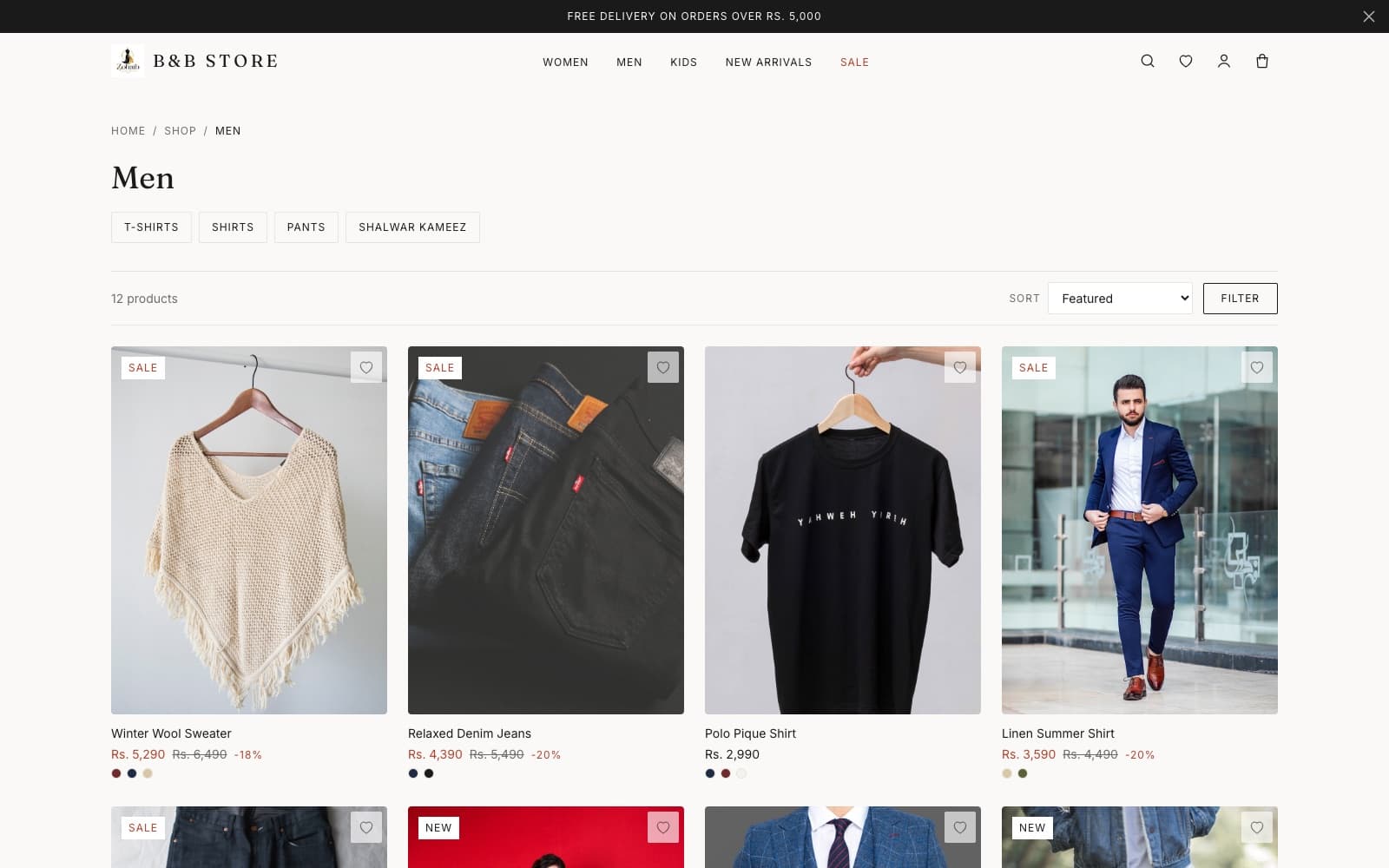 The men's collection page of B&B Store showing shirts, kurtas and trousers.