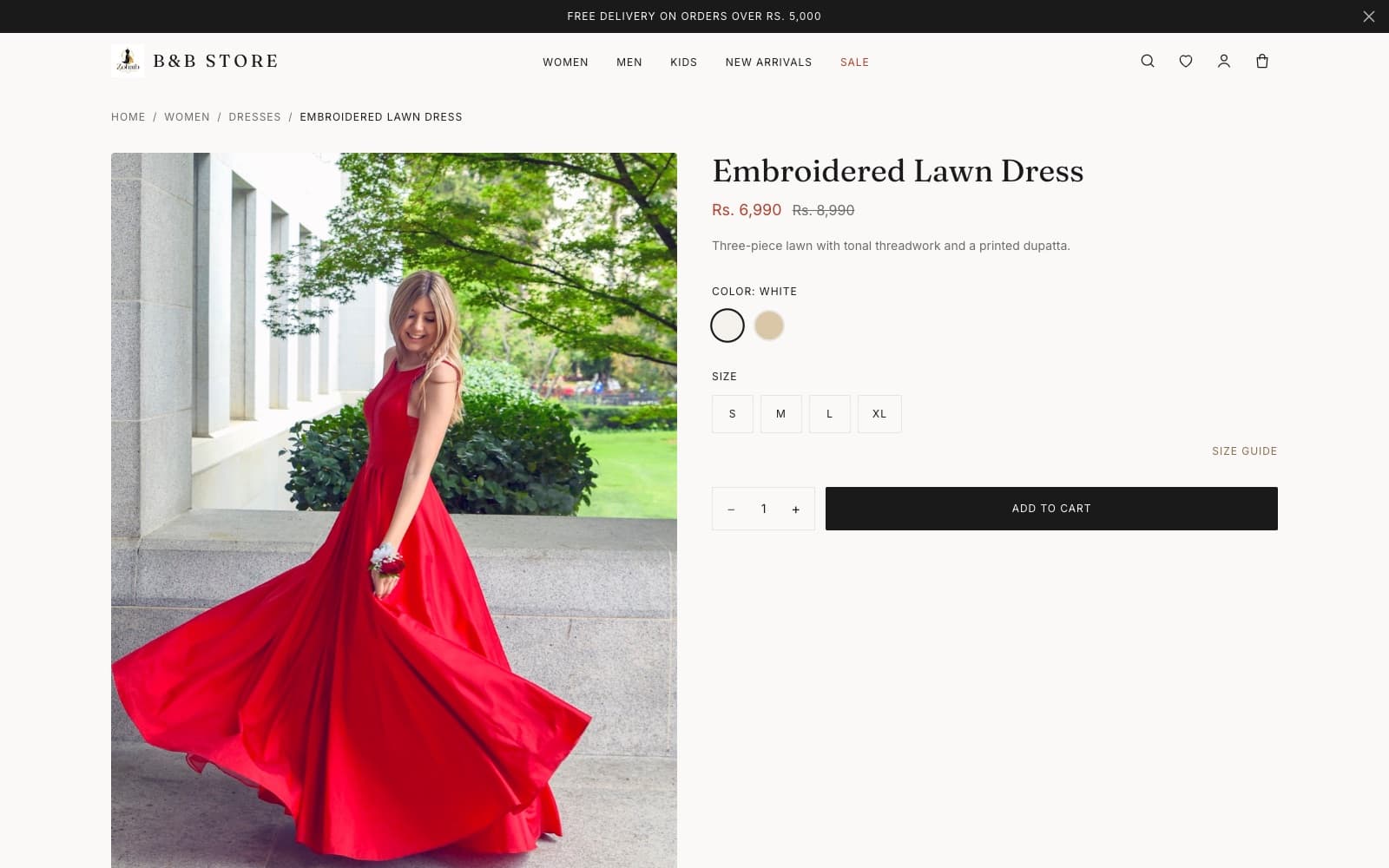 A B&B Store product page: an embroidered lawn dress with colour and size selectors, sale pricing and an add-to-cart button.