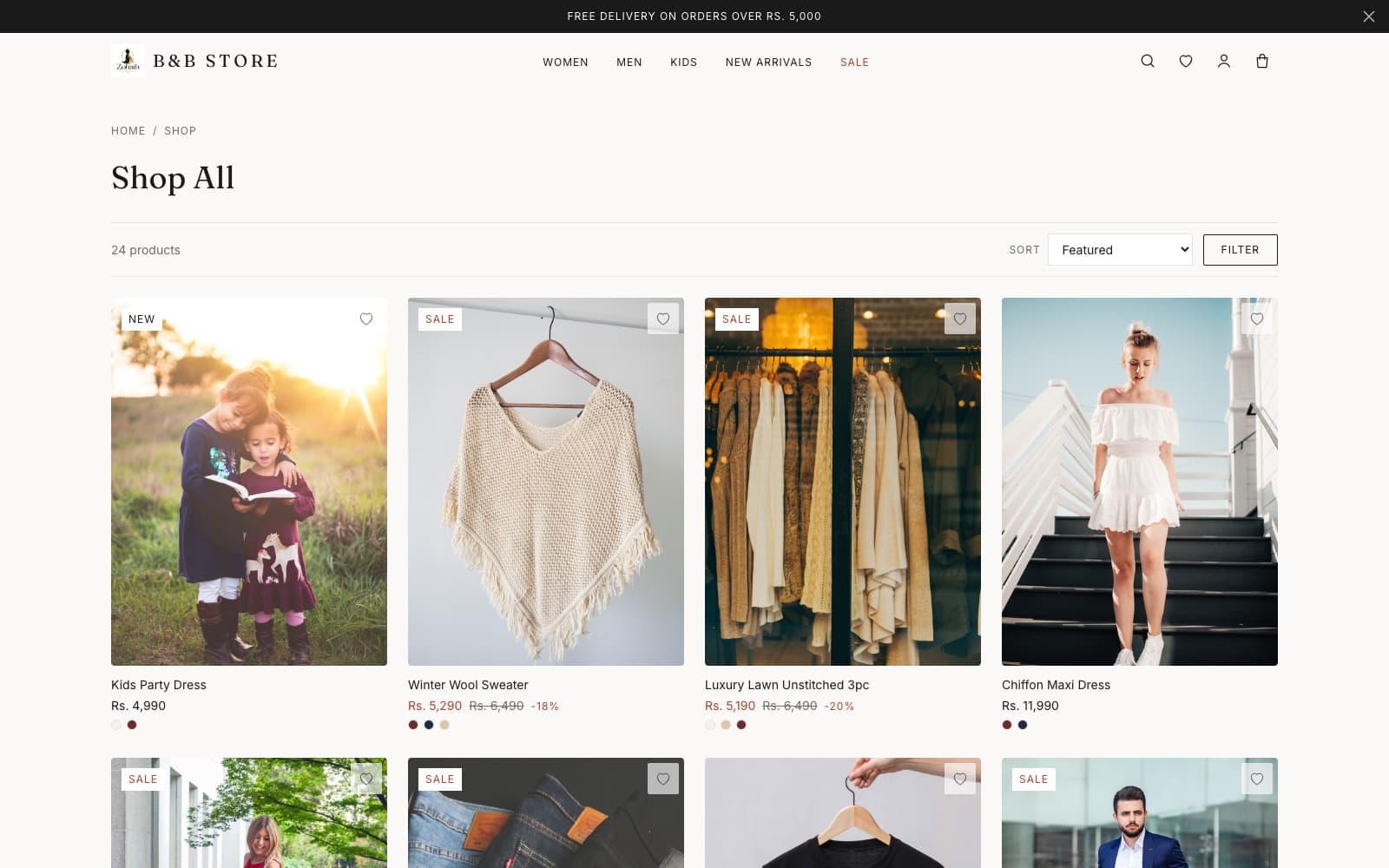 The 'Shop All' catalogue page of B&B Store.