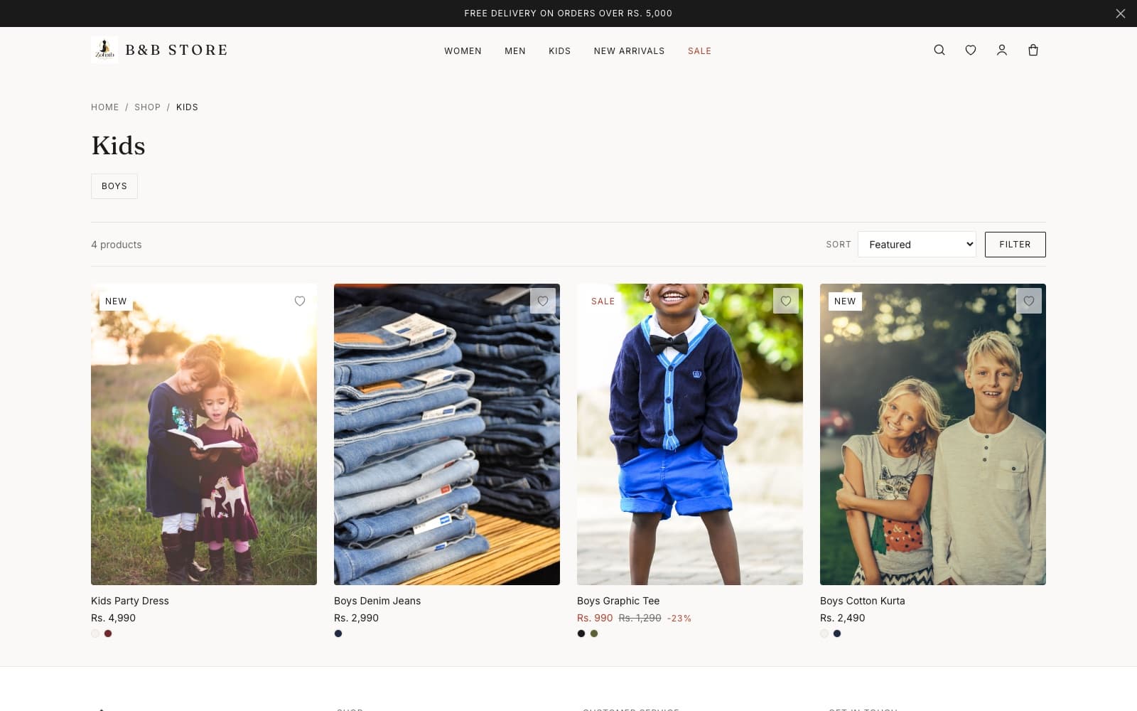 The kids' collection page of B&B Store.