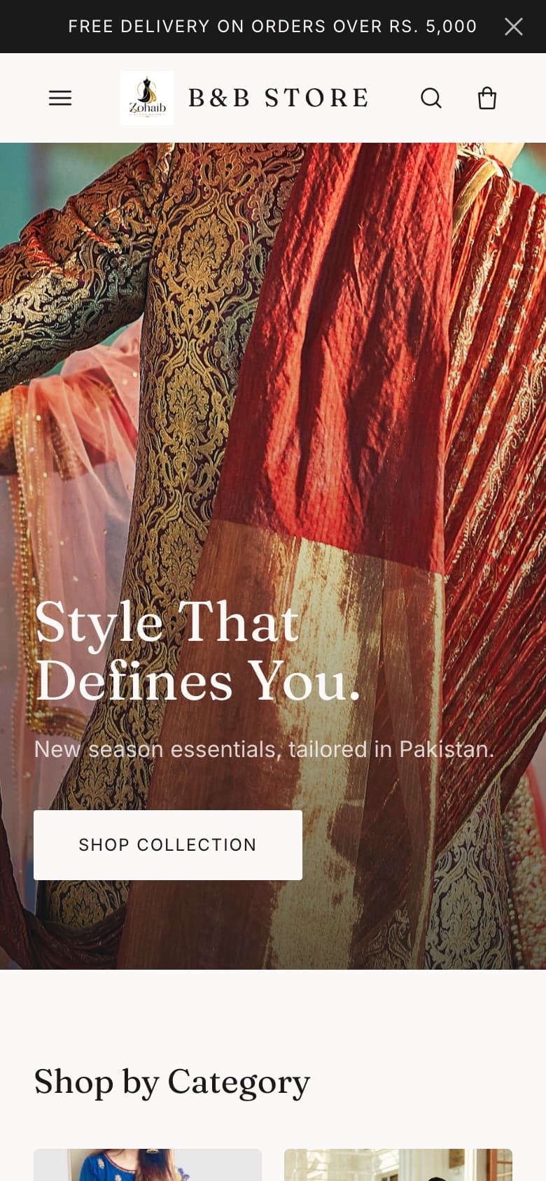 The B&B Store homepage on a phone: compact header with menu, search and bag, and the editorial hero.